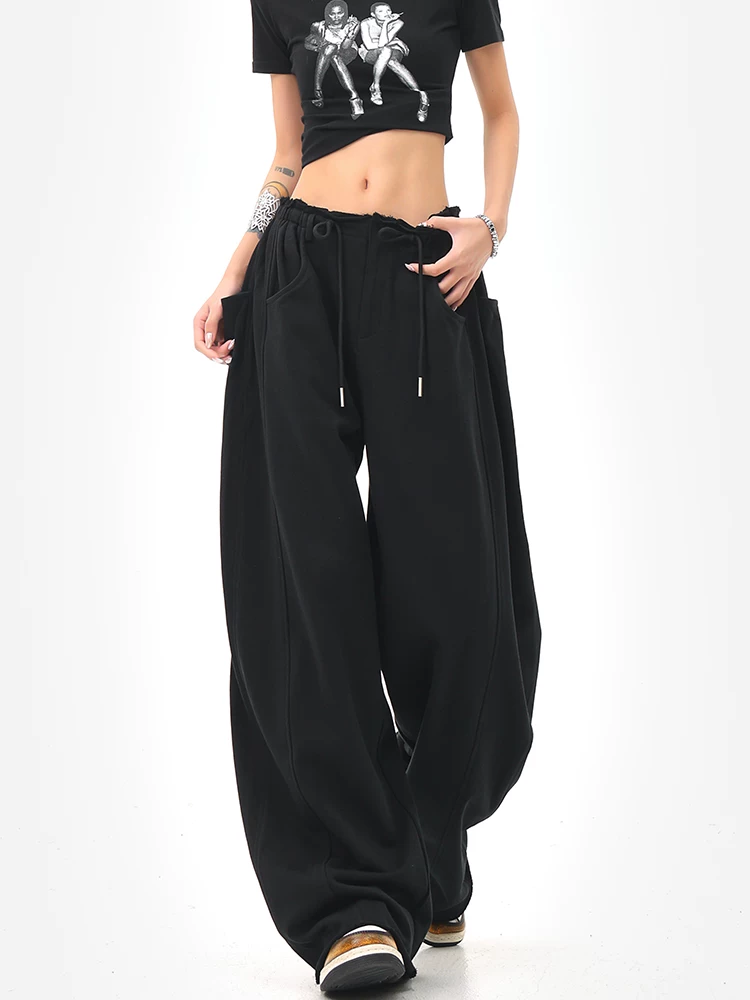 KEN STUDIO Quần thể thao dây rút màu đen phong cách đường phố Mỹ Quần ống rộng lưng cao dáng rộng dành cho nữ
