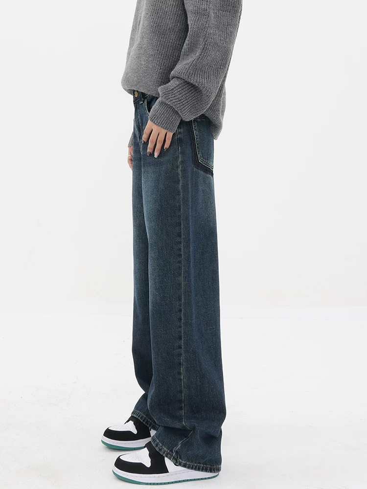 Quần jean cổ điển lót lông cừu mùa thu đông của KEN STUDIO dành cho nữ, quần ống đứng cạp cao kiểu cổ điển có màu chuyển sắc.