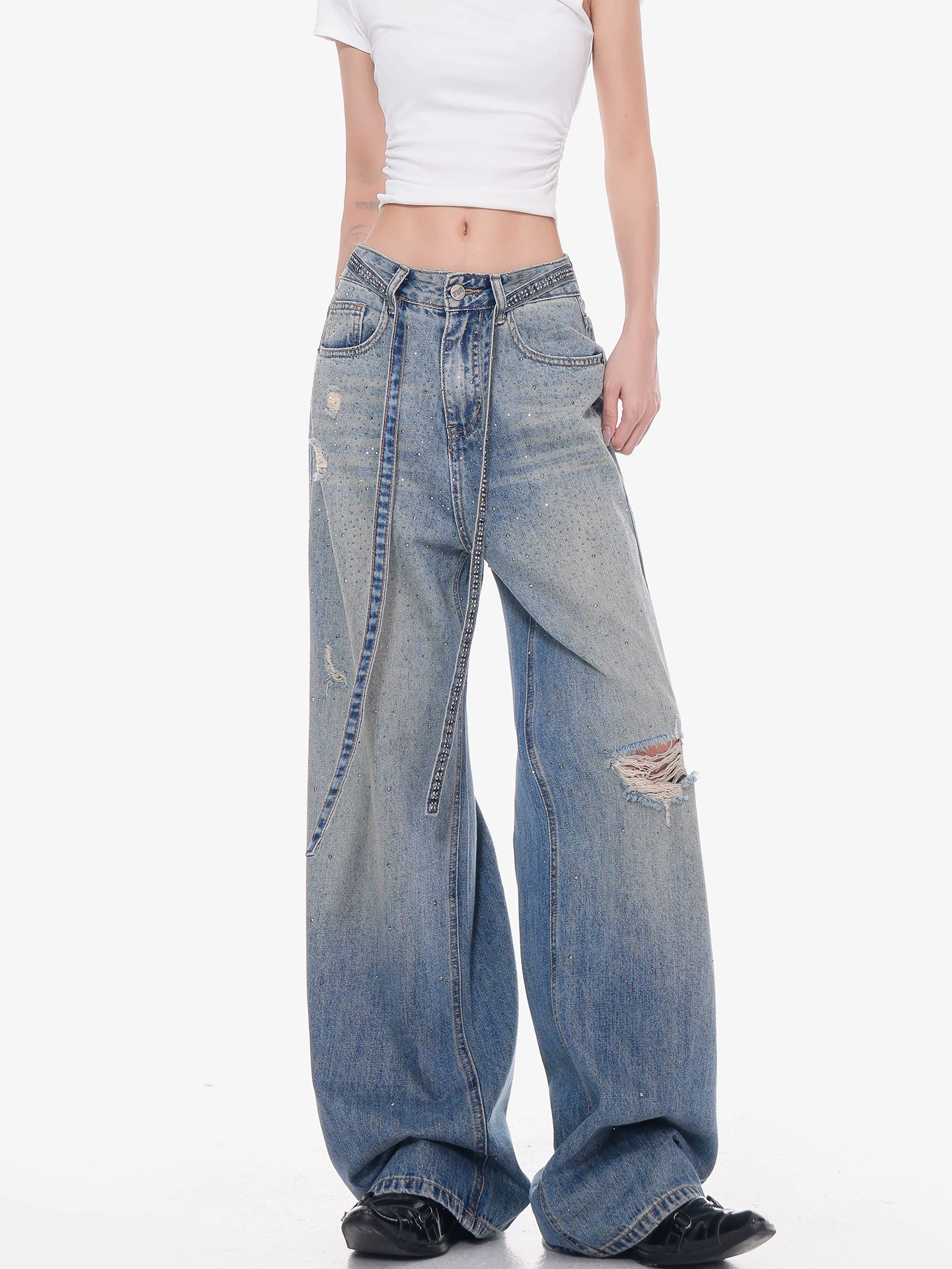 Quần jean rách đính đá Galaxy của KEN STUDIO dành cho nữ, Quần dài ống rộng đính đá hình ngôi sao mùa hè