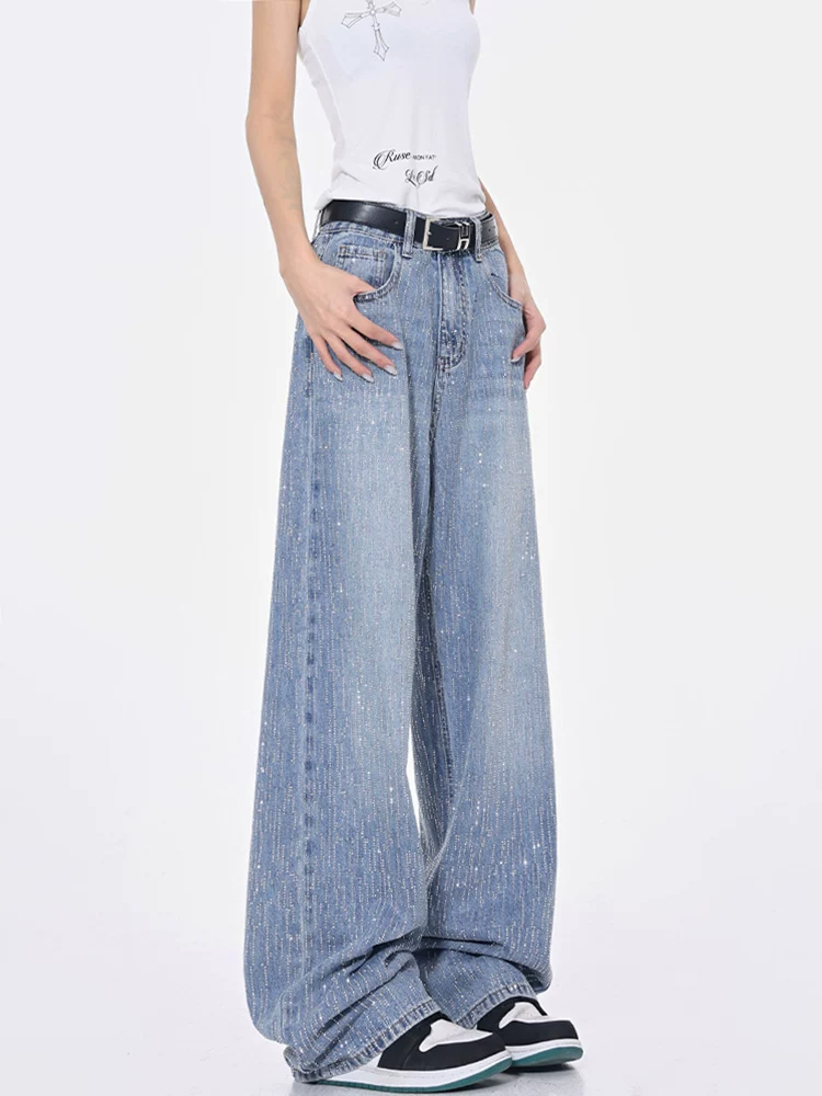 Quần denim ống đứng màu xanh lam lấp lánh đính đá thủ công mùa hè của KEN STUDIO dành cho nữ