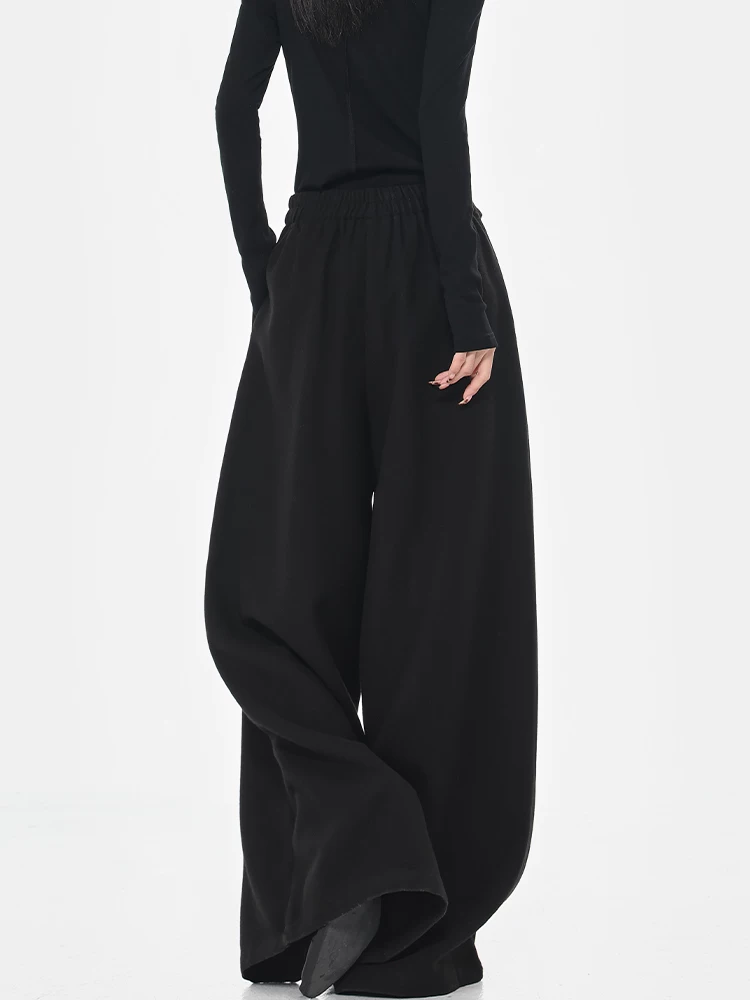 Quần tây dày màu đen thu đông của KEN STUDIO dành cho nữ, quần ống rộng thiết kế thắt lưng cao, dáng rộng, thoải mái