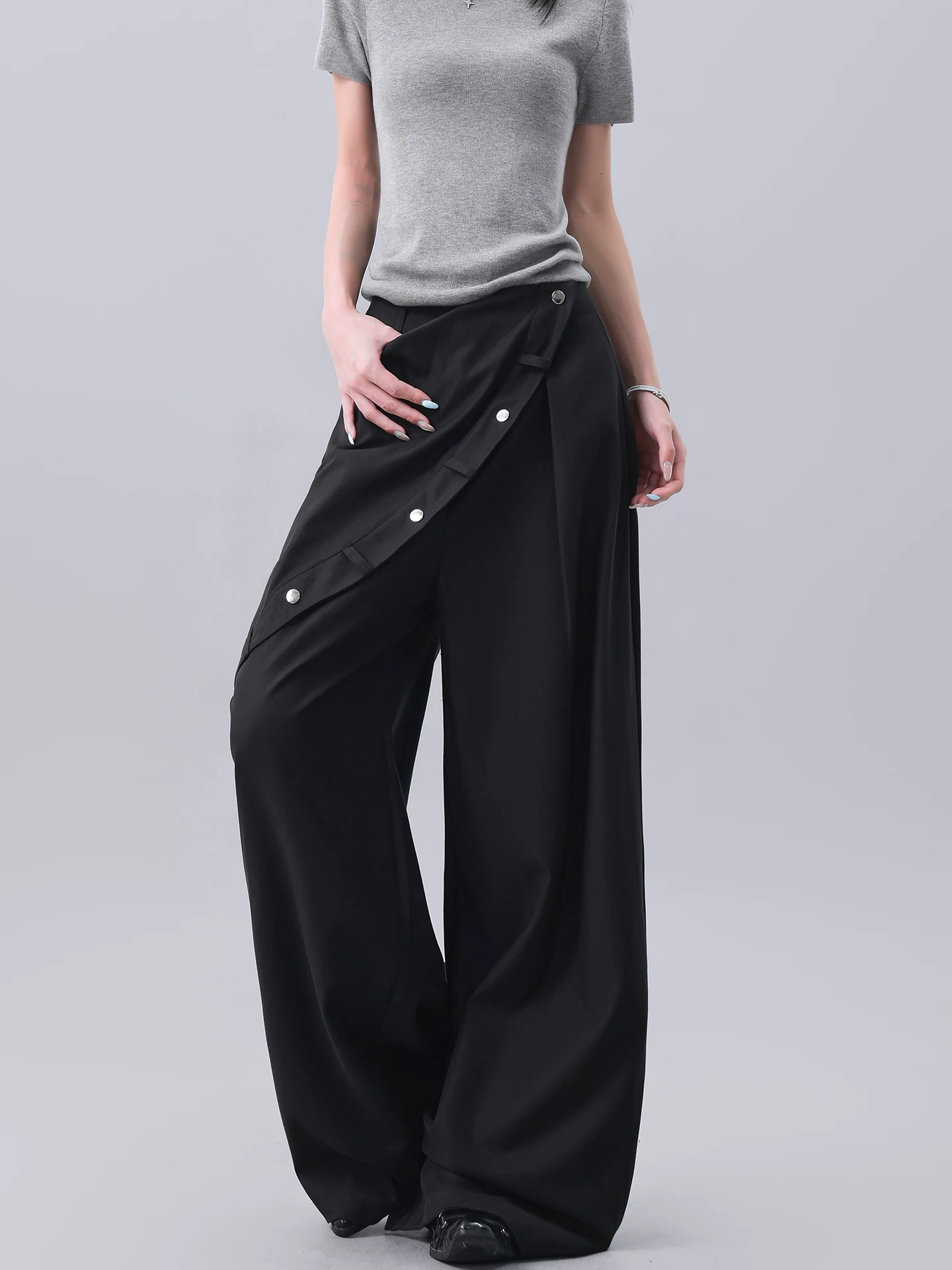 Quần âu ống rộng thiết kế cao cấp của KEN STUDIO dành cho nữ, phong cách mùa hè mới, quần dáng rộng giả hai mảnh dáng rộng