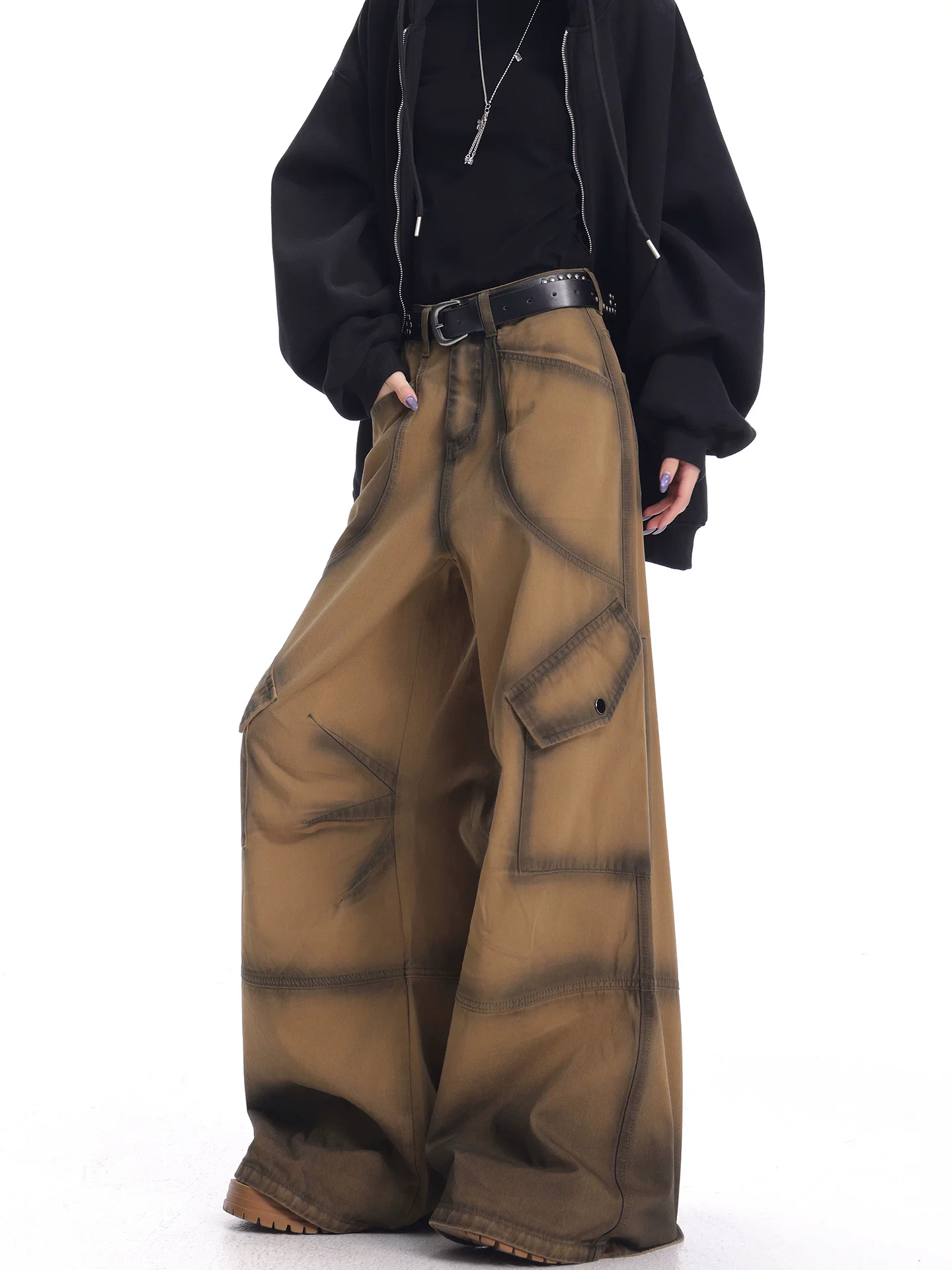 KEN STUDIO mùa thu đông mới quần kaki cổ điển quần kaki nữ Melard quần dài rộng đến sàn quần ống rộng quần dài