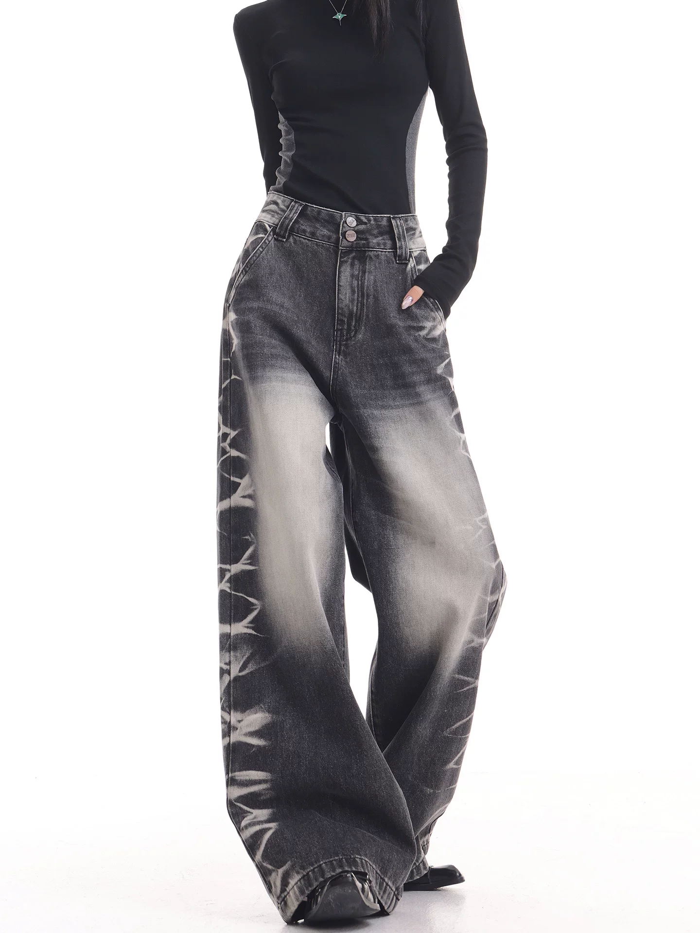 KEN STUDIO quần jean ống rộng màu đen cổ điển mới mùa thu đông dành cho nữ, quần dài màu phối màu đã qua xử lý, quần dài rộng đến sàn