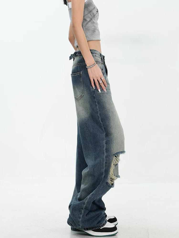 KEN STUDIO Quần jean rách ống rộng màu trắng phong cách Mỹ dành cho nữ, phong cách mùa hè mới, quần dài xếp nếp và đa năng