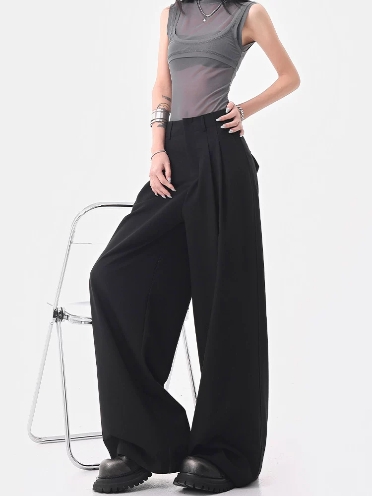 KEN STUDIO Quần âu ống rộng đa năng mùa hè mới dành cho nữ, quần dài xếp ly dáng rộng, quần dài dáng rộng, quần âu