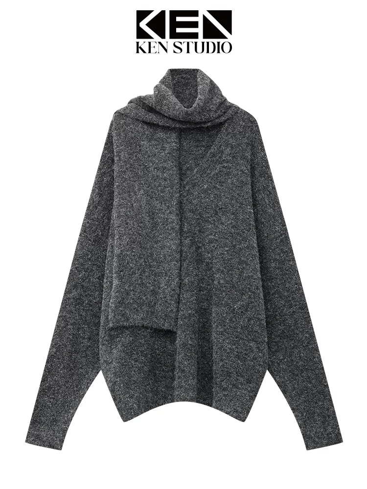 Bộ áo len dệt kim cổ V màu xám đậm thu đông mới của KEN STUDIO dành cho nữ, gồm áo dài tay rộng rãi và khăn quàng cổ, kiểu dáng thời trang