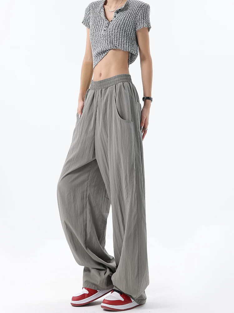 KEN STUDIO thiết kế ban đầu quần ống rộng màu xám băng lụa dành cho nữ mùa hè lưng thun co giãn dáng rộng quần chuối