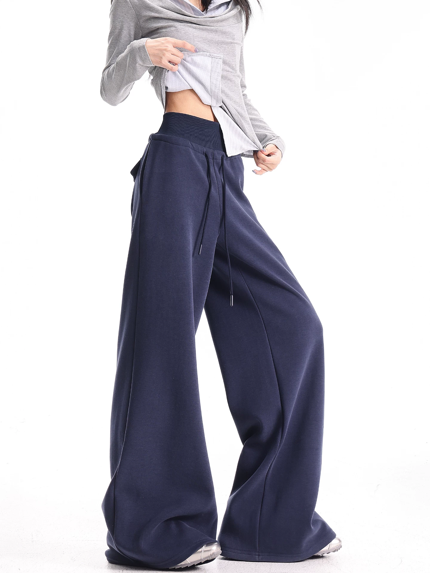 KEN STUDIO Quần thể thao dáng rộng màu xanh lam phong cách Mỹ mới dành cho nữ, có lót lông cừu, dày dặn, quần thể thao ống rộng