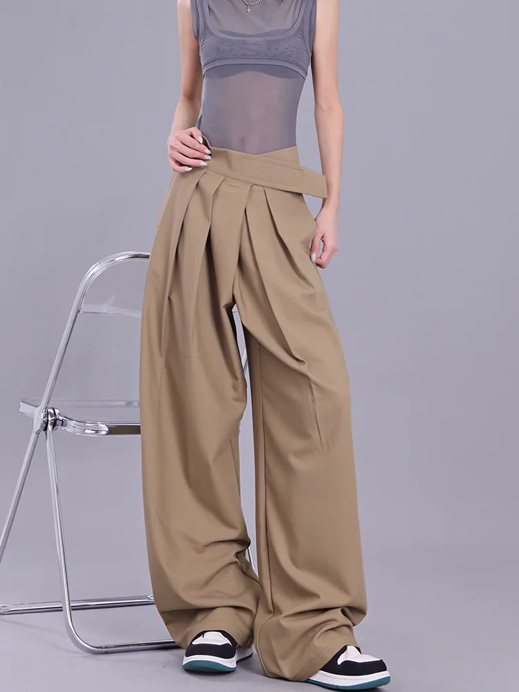 KEN STUDIO【Classic nguyên bản】Quần có khóa dán dành cho nữ, Quần ống rộng dáng suông, Quần âu