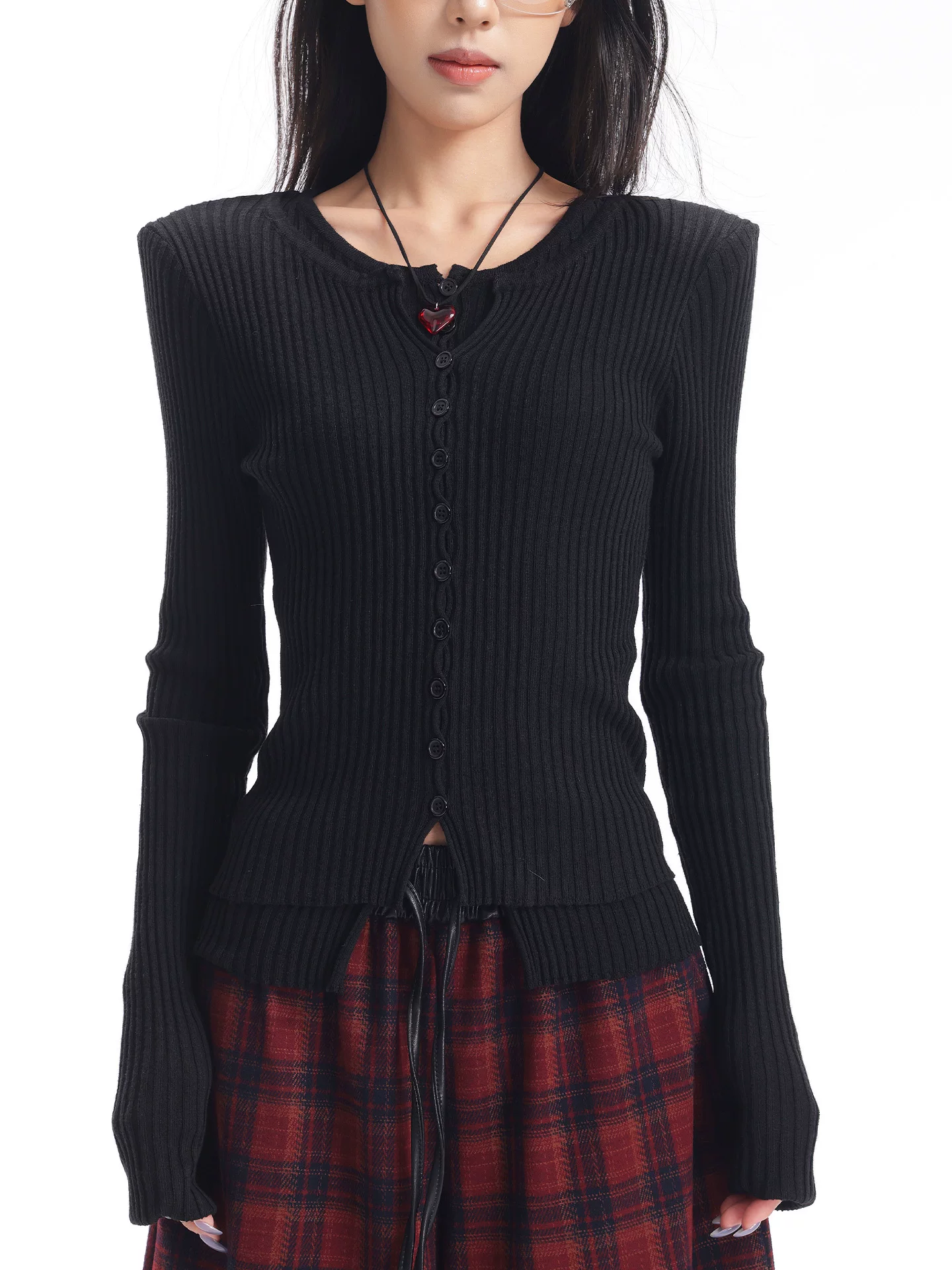 KEN STUDIO Áo dệt kim dài tay màu đen mới thu đông dành cho nữ, áo hai mảnh giả dáng ôm vừa vặn ở vai phải