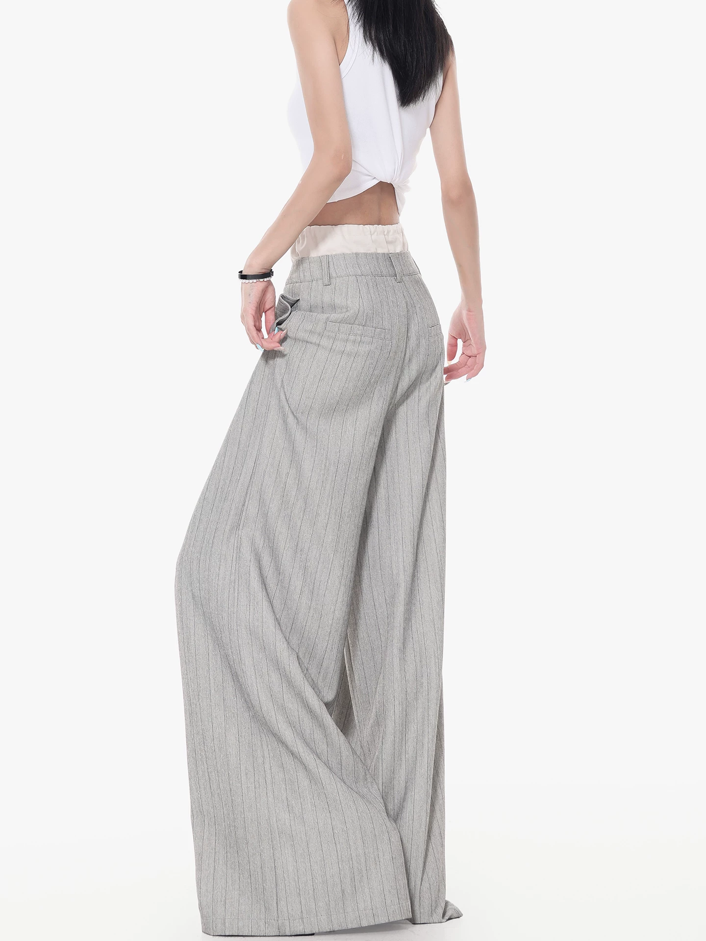 KEN STUDIO Quần tây sọc xám hai eo mới mùa thu dành cho nữ, quần ống rộng cao cấp, quần dài đến sàn