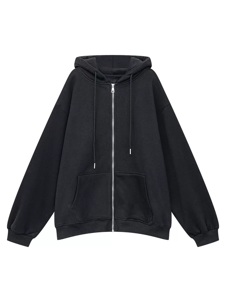 KEN STUDIO Áo len cardigan có mũ trùm đầu màu đen lót nhung mới mùa thu đông dành cho nữ, áo khoác dáng rộng giản dị giúp giảm béo