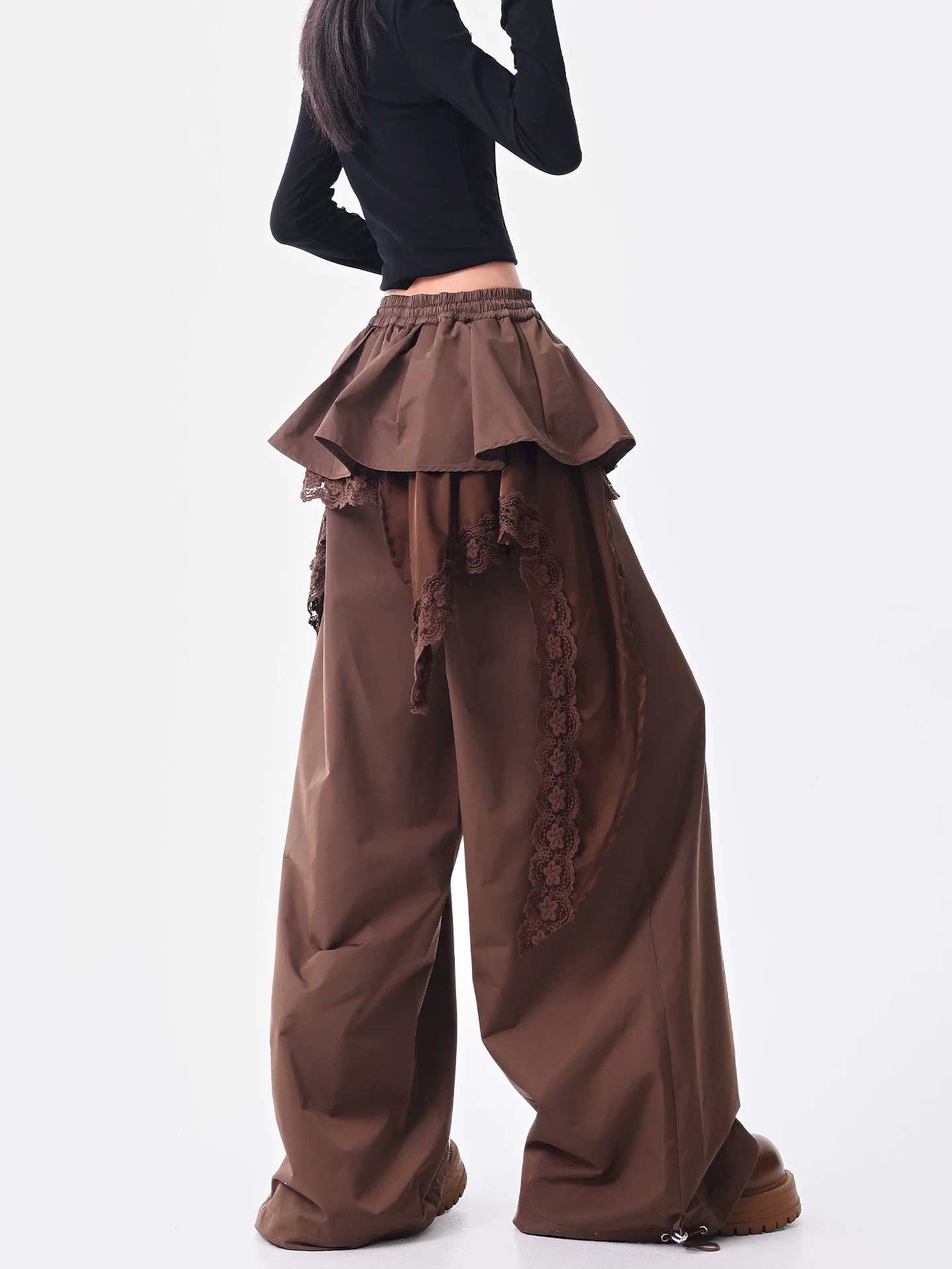 KEN STUDIO quần ống đứng màu cà phê mới đầu thu dành cho nữ, quần ống rộng giả hai mảnh thiết kế viền ren.