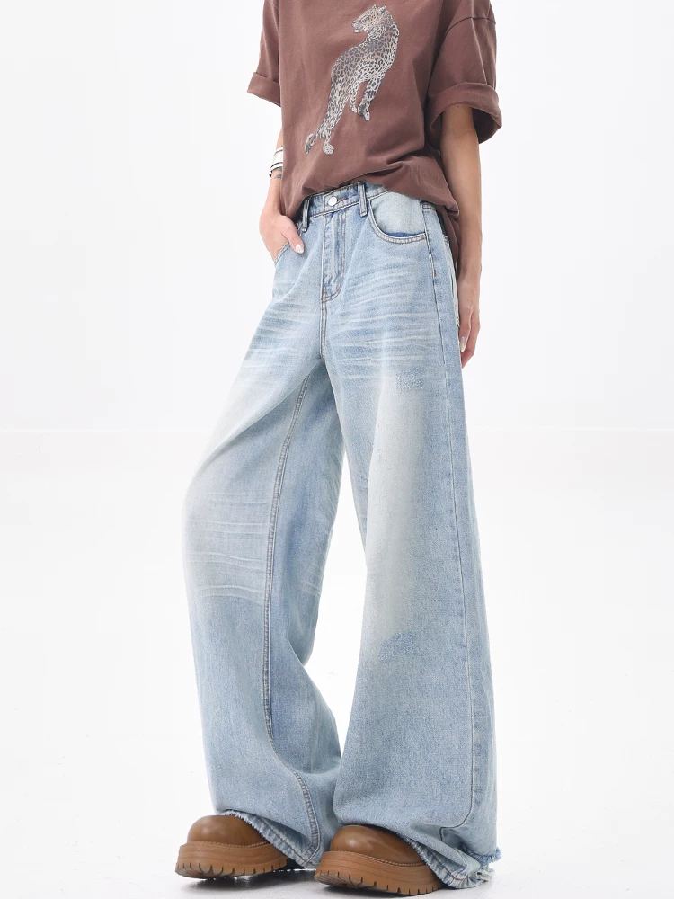 KEN STUDIO Quần jean ống thẳng màu xanh cổ điển của Mỹ dành cho nữ, quần ống rộng cạp cao giảm béo mùa hè mới