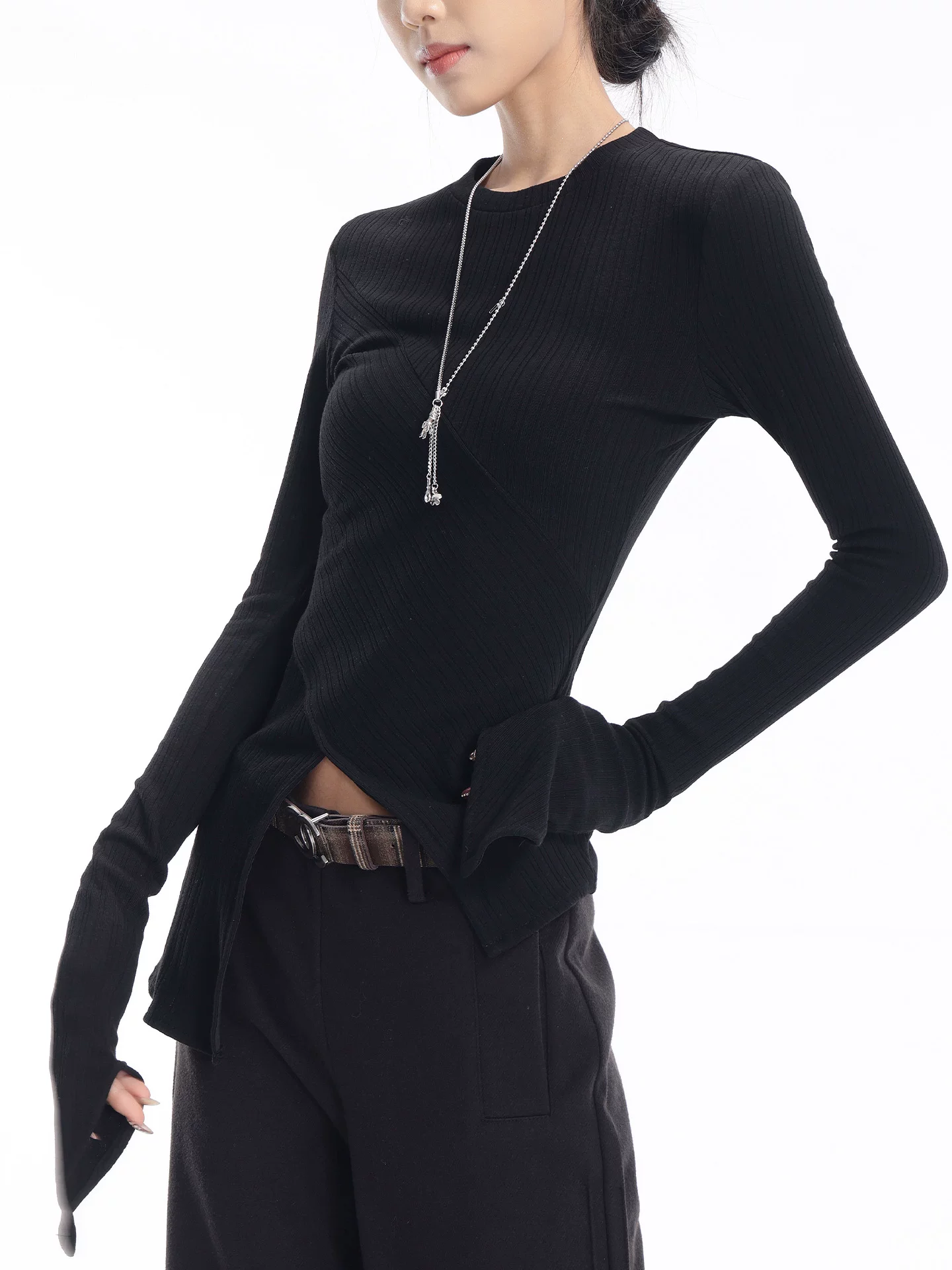 Áo thun dài tay thiết kế màu đen thu đông của KEN STUDIO dành cho nữ, áo dệt kim ôm sát bất đối xứng, áo sơ mi cơ bản