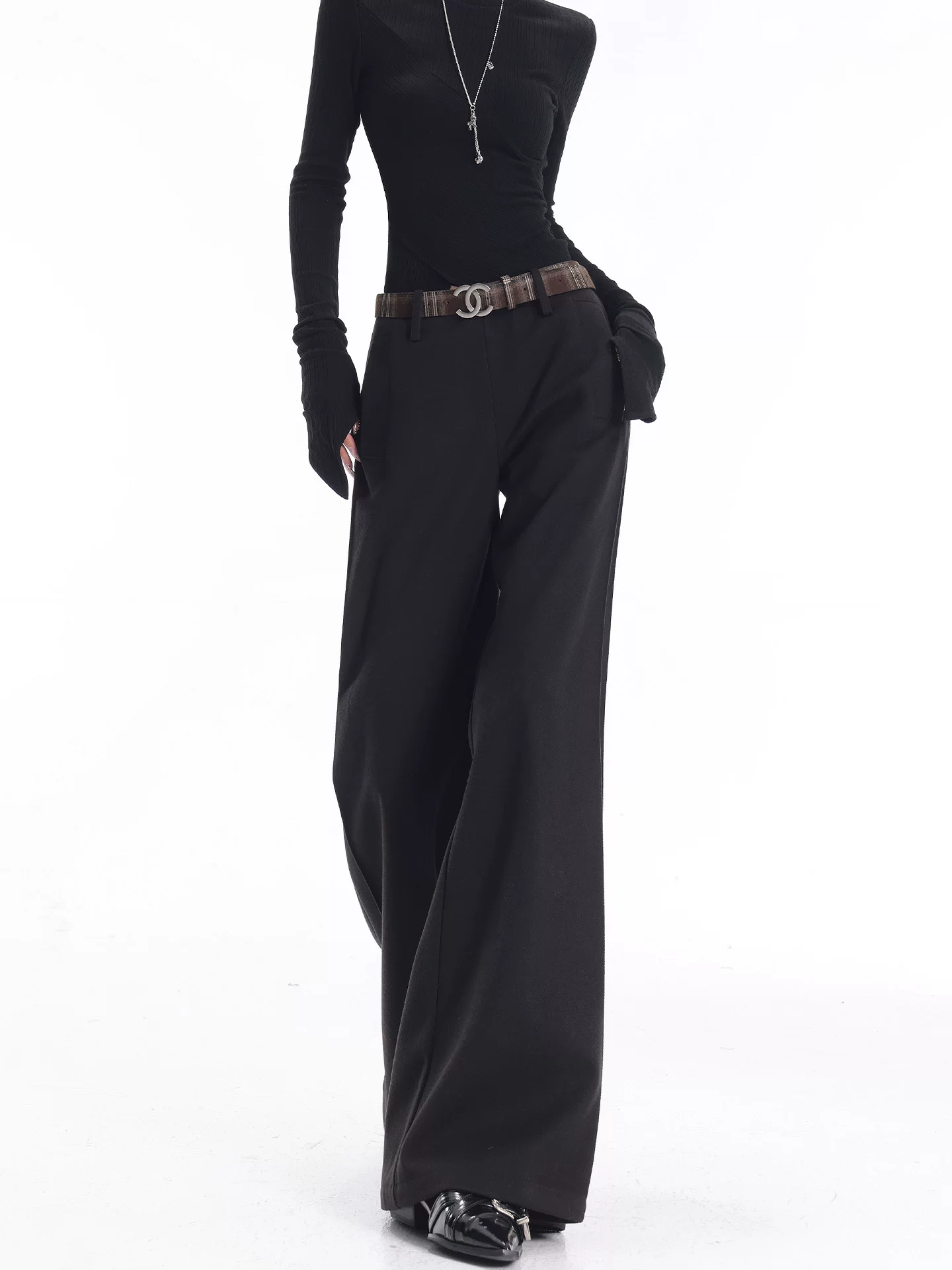 KEN STUDIO Quần vest đen viền loe thu đông mới dành cho nữ, dáng ôm, tôn dáng, quần ống rộng dài chạm sàn