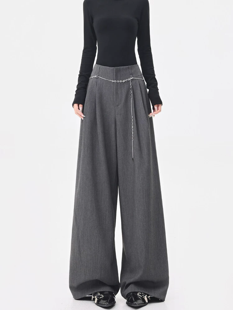 Quần tây ống rộng màu xám của KEN STUDIO dành cho nữ, thiết kế mới cho mùa hè và mùa thu, quần cạp cao, dáng rộng, quần thường ngày giúp giảm béo