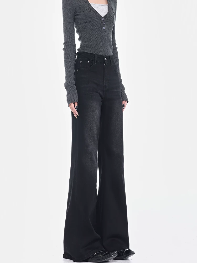 KEN STUDIO Xuân Thu Quần Jean ống loe màu đen mới dành cho nữ, Quần thun lưng cao co giãn giảm béo Hot Girl Quần đáy chuông