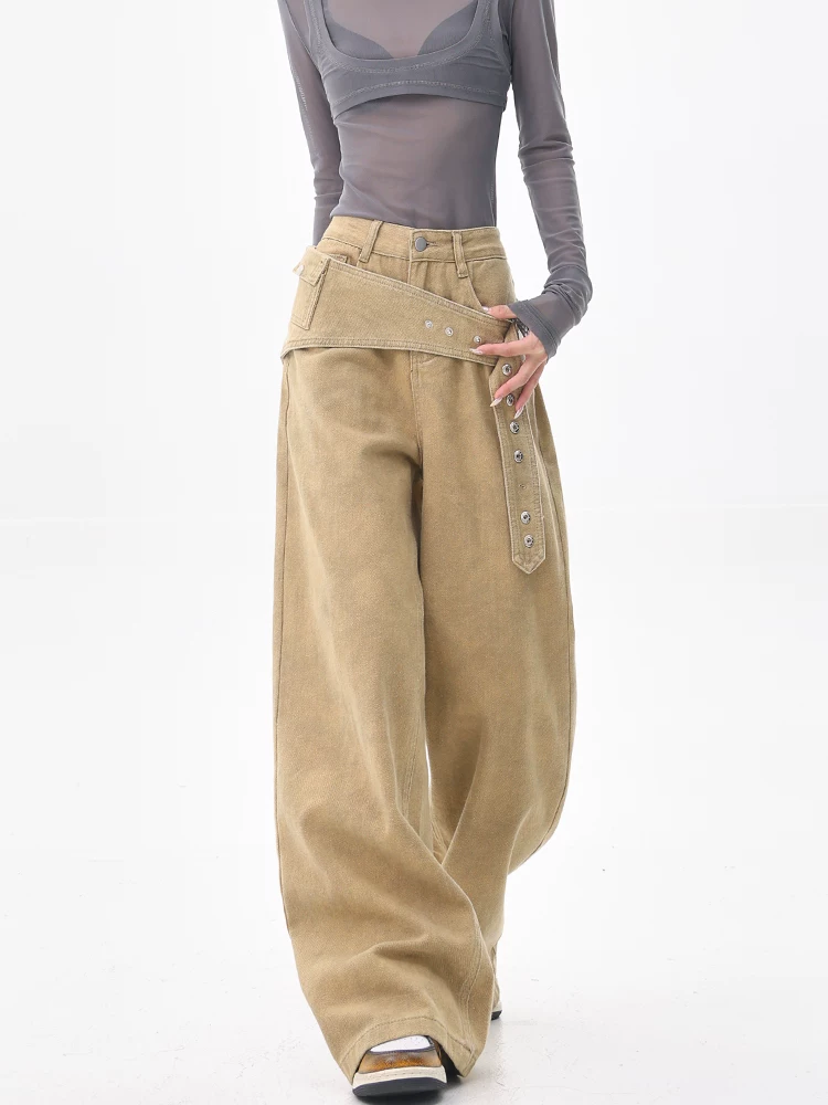 KEN STUDIO Quần denim kaki cổ điển kiểu Mỹ dành cho nữ, quần ống rộng thiết kế mới dành cho mùa hè và mùa thu.