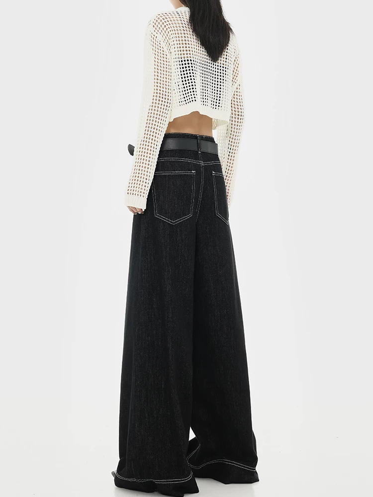 KEN STUDIO Xuân Thu Mới Phong Cách Retro Mỹ Thiết Kế Đường May Đen Quần Jean Ống Thẳng Quần Ống Rộng Cao Cho Nữ