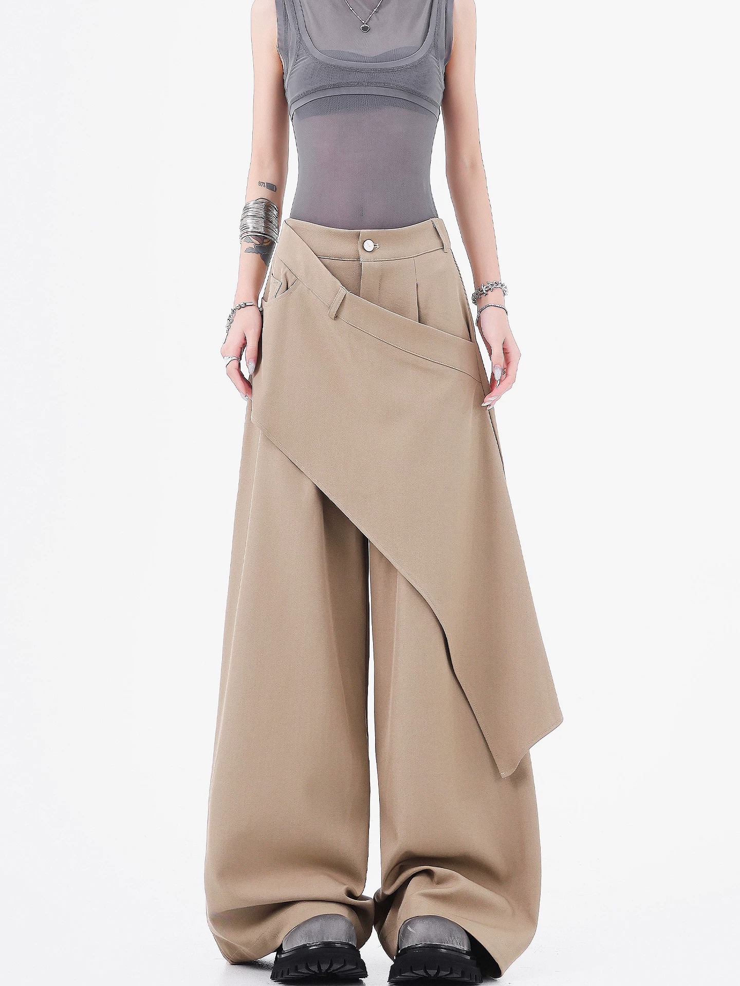 Quần vest chắp vá không đều kiểu dáng KEN STUDIO dành cho nữ, quần dài xếp ly dáng thẳng lưng cao mùa hè