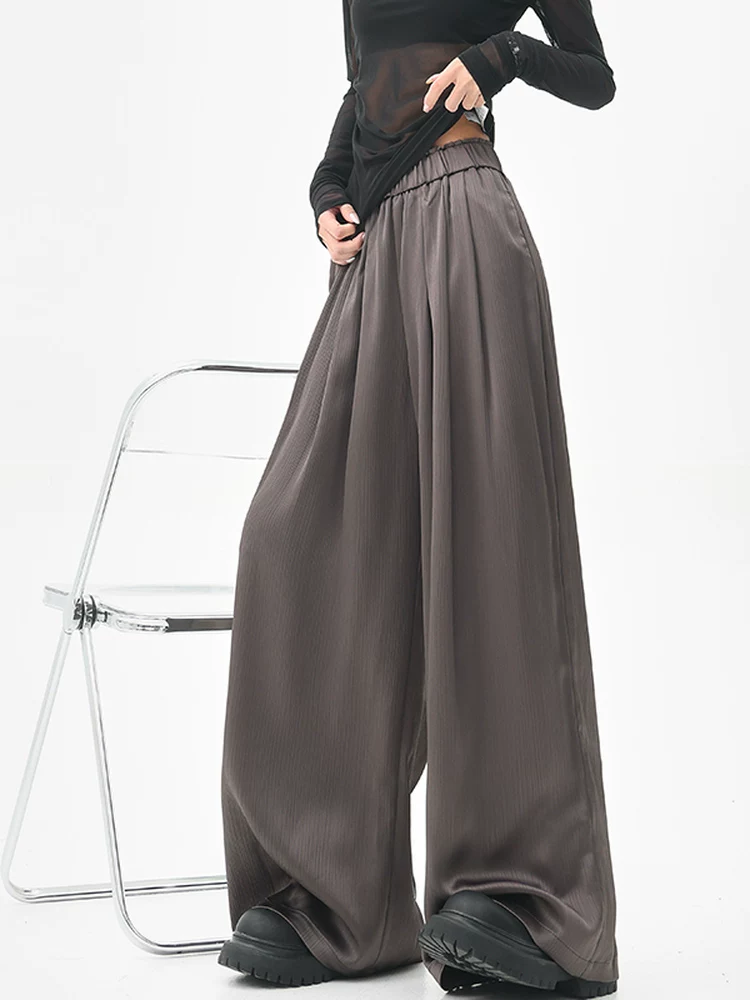 KEN STUDIO quần tây ống rộng xếp ly màu kaki mới mùa hè dành cho nữ, quần cạp cao, dáng rộng, quần rộng và tôn dáng