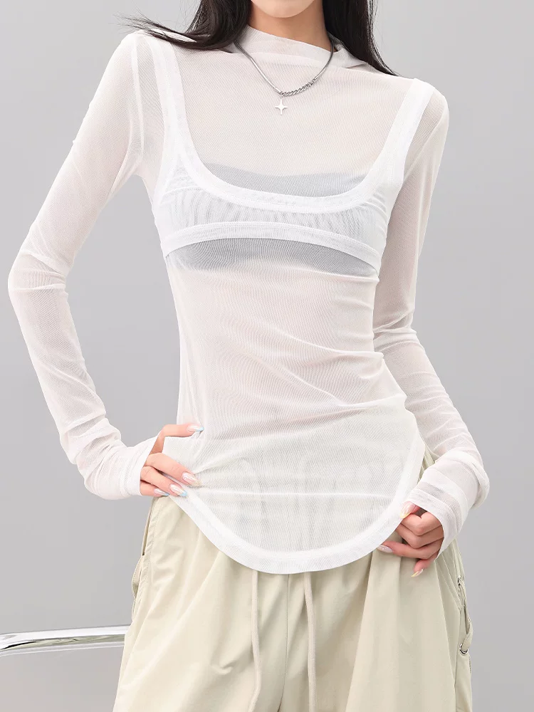 Áo thun dài tay giả hai mảnh phối lưới trắng KEN STUDIO dành cho nữ, áo dáng ôm vừa vặn mùa hè mới