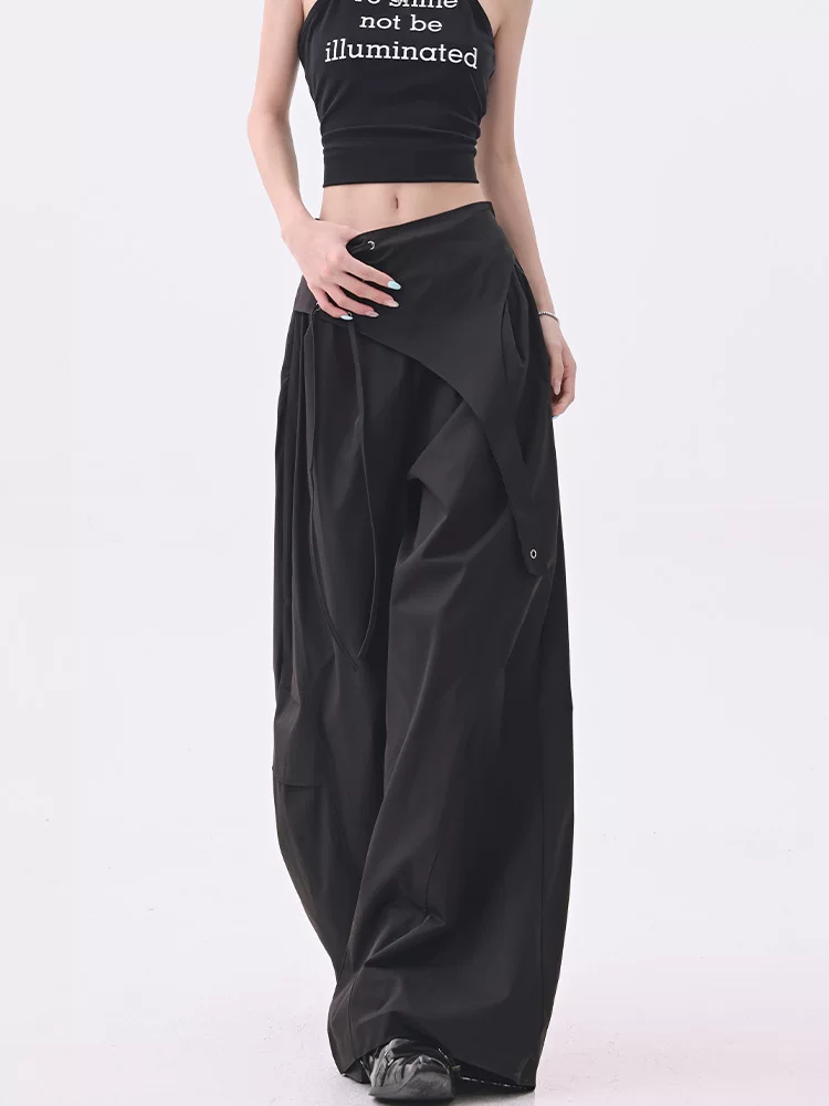 KEN STUDIO quần âu thiết kế dây ruy băng màu đen dành cho nữ, quần ống rộng lưng cao đa năng mùa hè