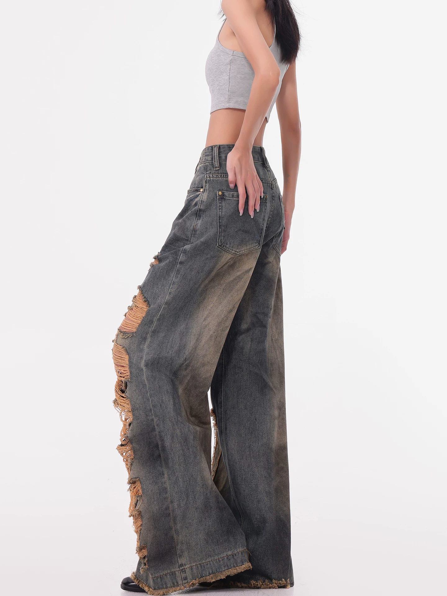 Quần jean rách kiểu cổ điển KEN STUDIO dành cho nữ, thiết kế mùa hè mới, quần ống rộng dáng rộng