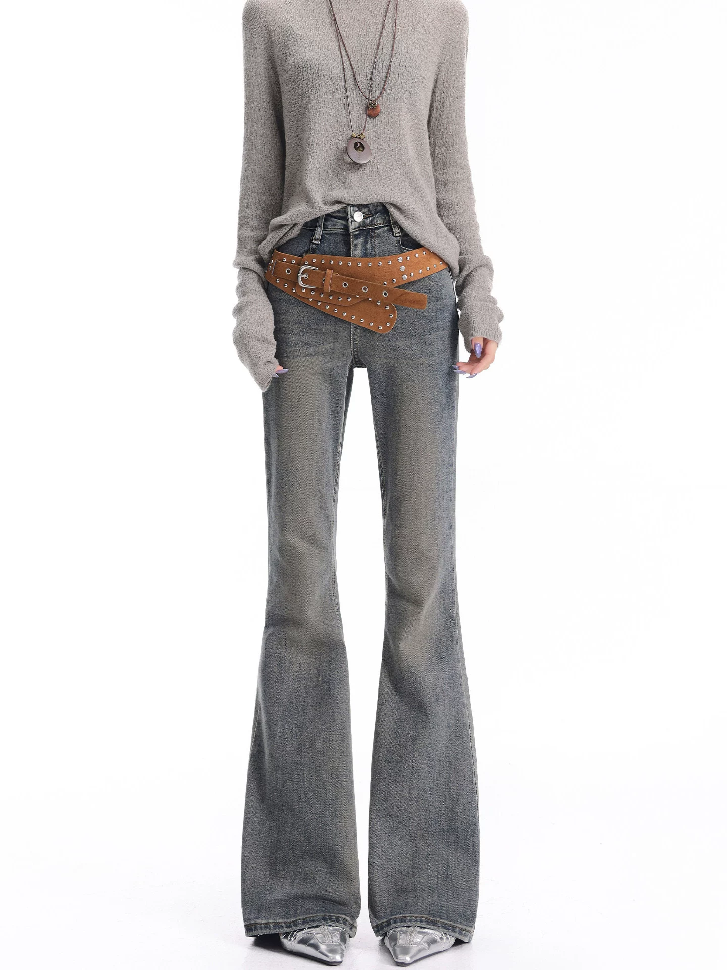 Quần jean bootcut màu xanh cổ điển thu đông của KEN STUDIO dành cho nữ, cạp cao, co giãn, ôm vừa vặn, quần kiểu móng ngựa thon gọn