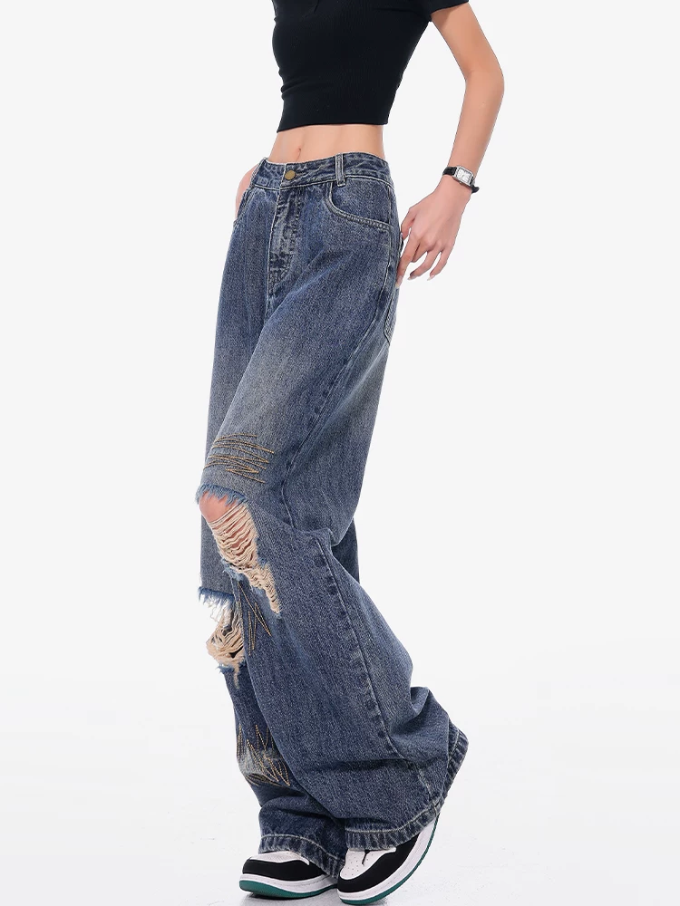 KEN STUDIO Quần jean rách phong cách Mỹ dành cho nữ, thiết kế thêu mới mùa xuân hè, quần ống đứng, quần ống rộng