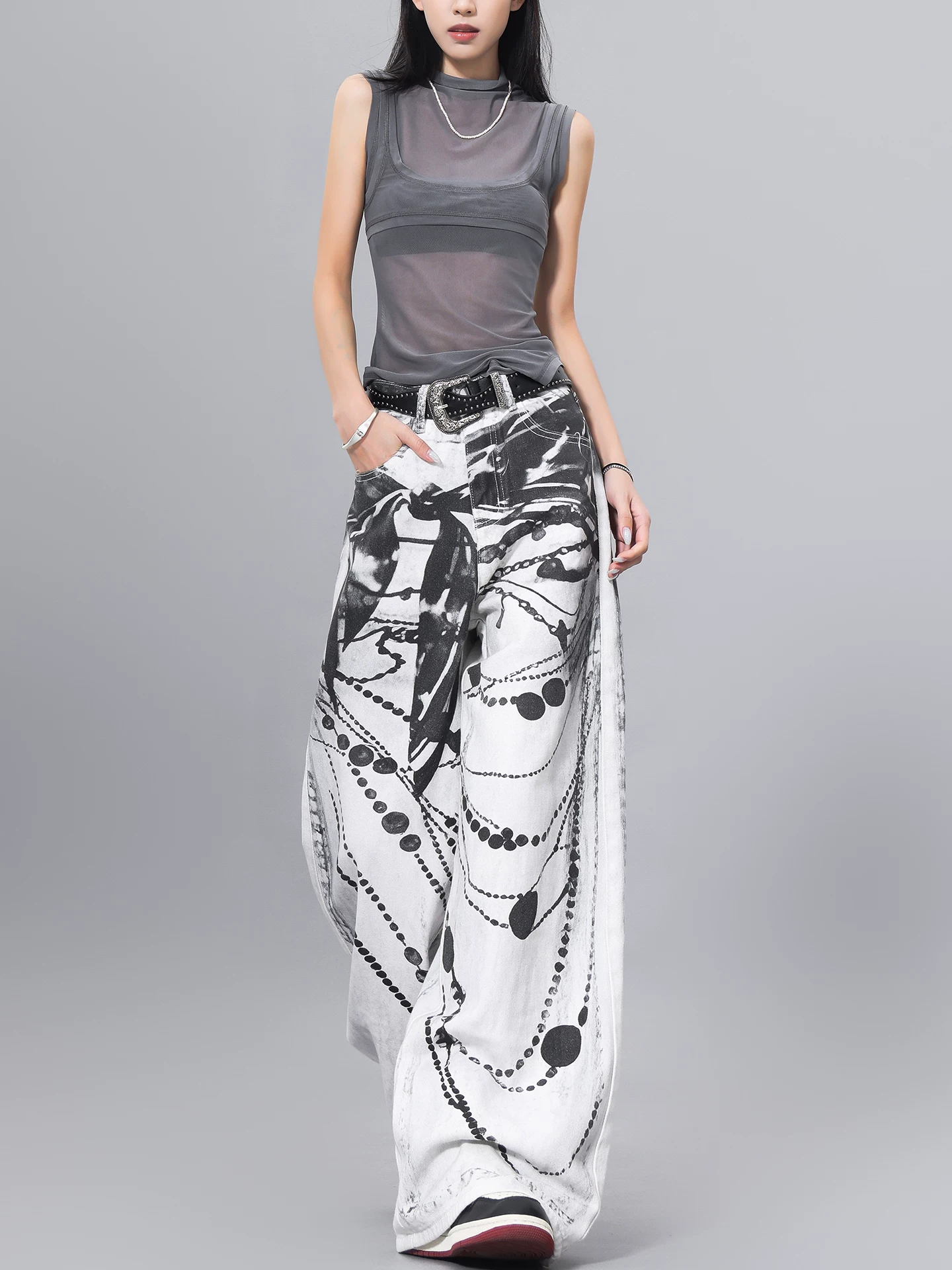 Quần jean denim in mực KEN STUDIO dành cho nữ, phong cách đường phố mùa hè, quần cạp cao, dáng rộng và quần giảm béo