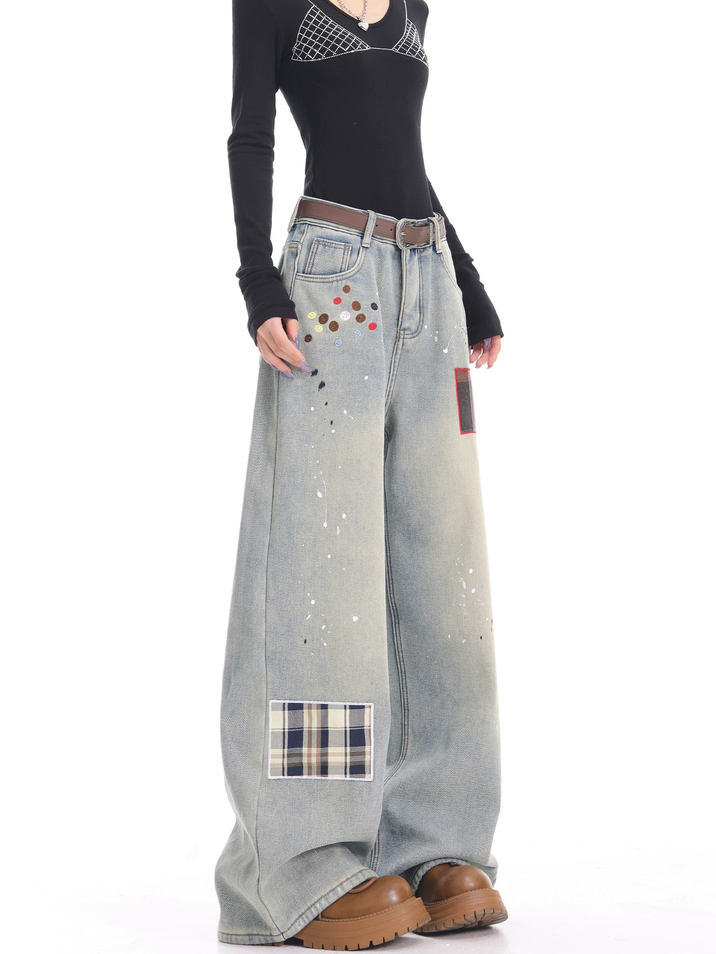 KEN STUDIO quần jean thêu chắp vá màu xanh cổ điển mới mùa thu đông dành cho nữ, quần ống rộng dày và lót lông cừu.