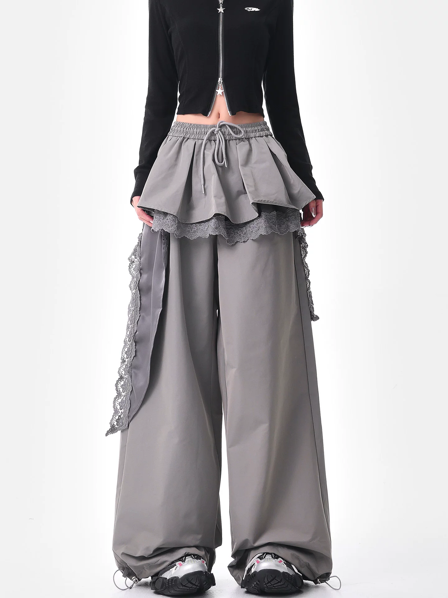 KEN STUDIO đầu mùa thu quần ống rộng giả hai mảnh màu xám mới dành cho nữ với thiết kế viền ren quần ống thẳng