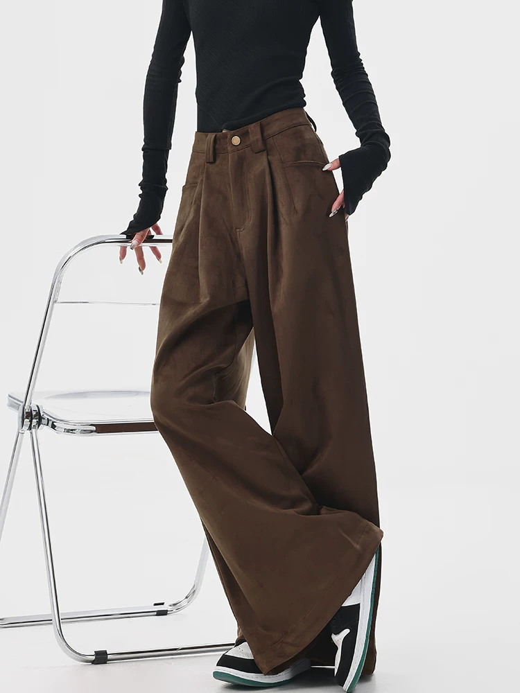 KEN STUDIO Melard Trang phục Thu Đông Da lộn dày màu cà phê Quần âu nữ dài đến sàn Quần ống rộng