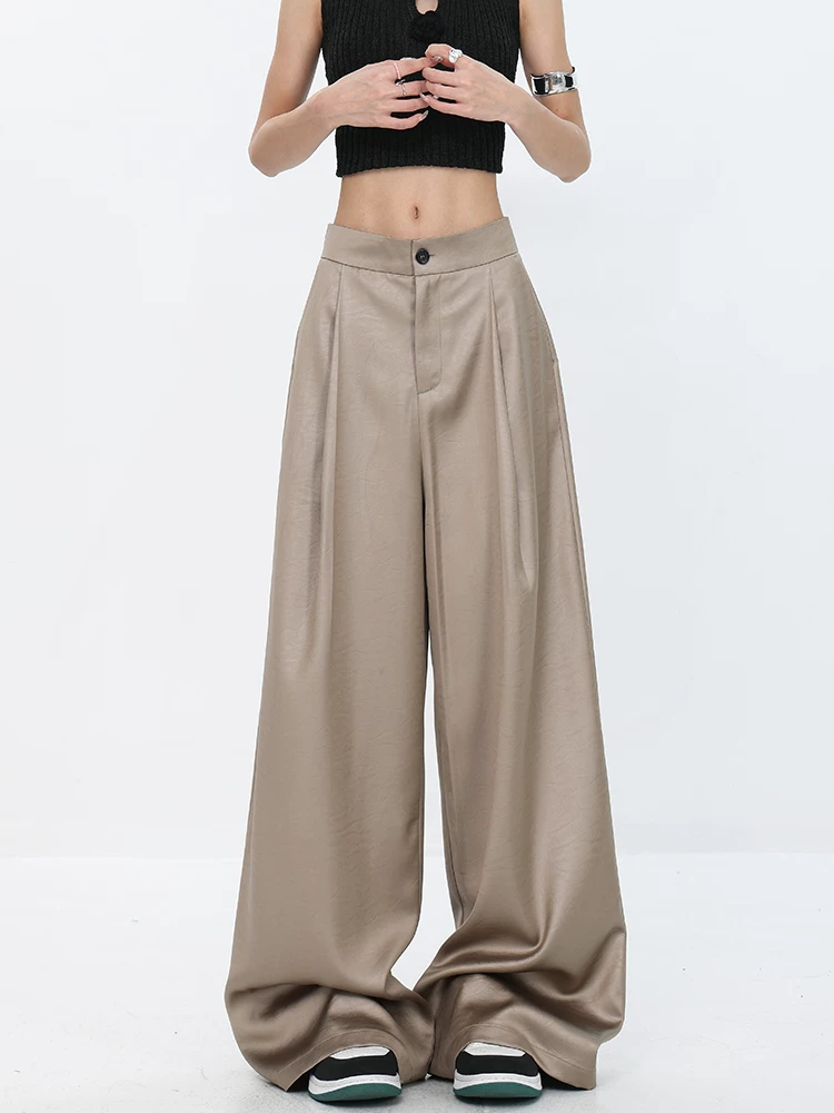 KEN STUDIO quần ống rộng dáng rộng màu sâm panh mới mùa hè dành cho nữ, quần thường ngày đa năng giúp giảm béo