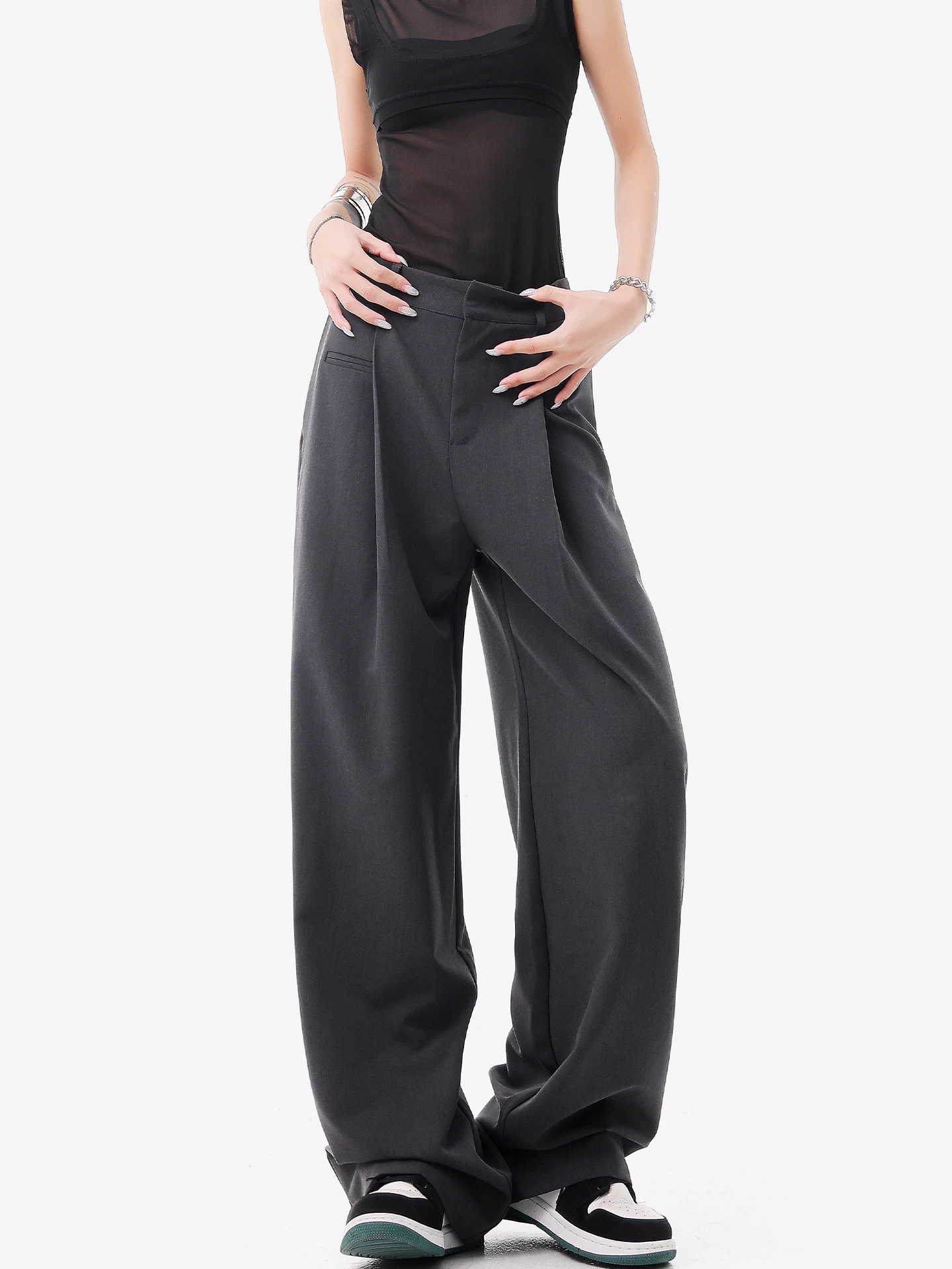 KEN STUDIO quần âu thường ngày màu xám mới mùa hè dành cho nữ, thiết kế thon gọn và che phủ cơ thể, quần ống rộng, quần công sở