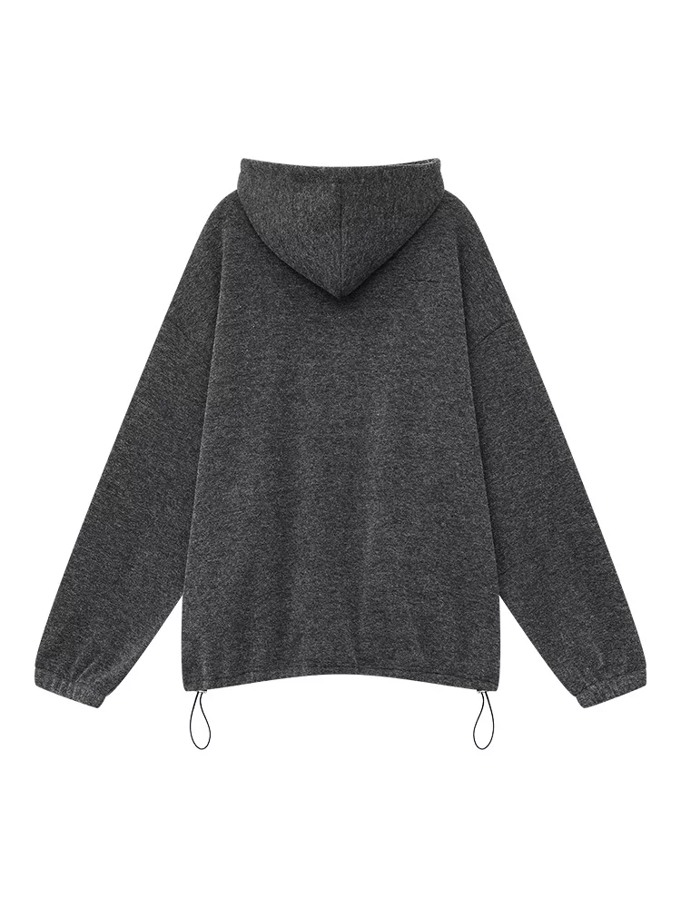 KEN STUDIO Áo len có mũ trùm đầu kiểu dáng giản dị mùa thu đông mới dành cho nữ, có lót lông cừu và dày dặn, áo khoác dáng rộng