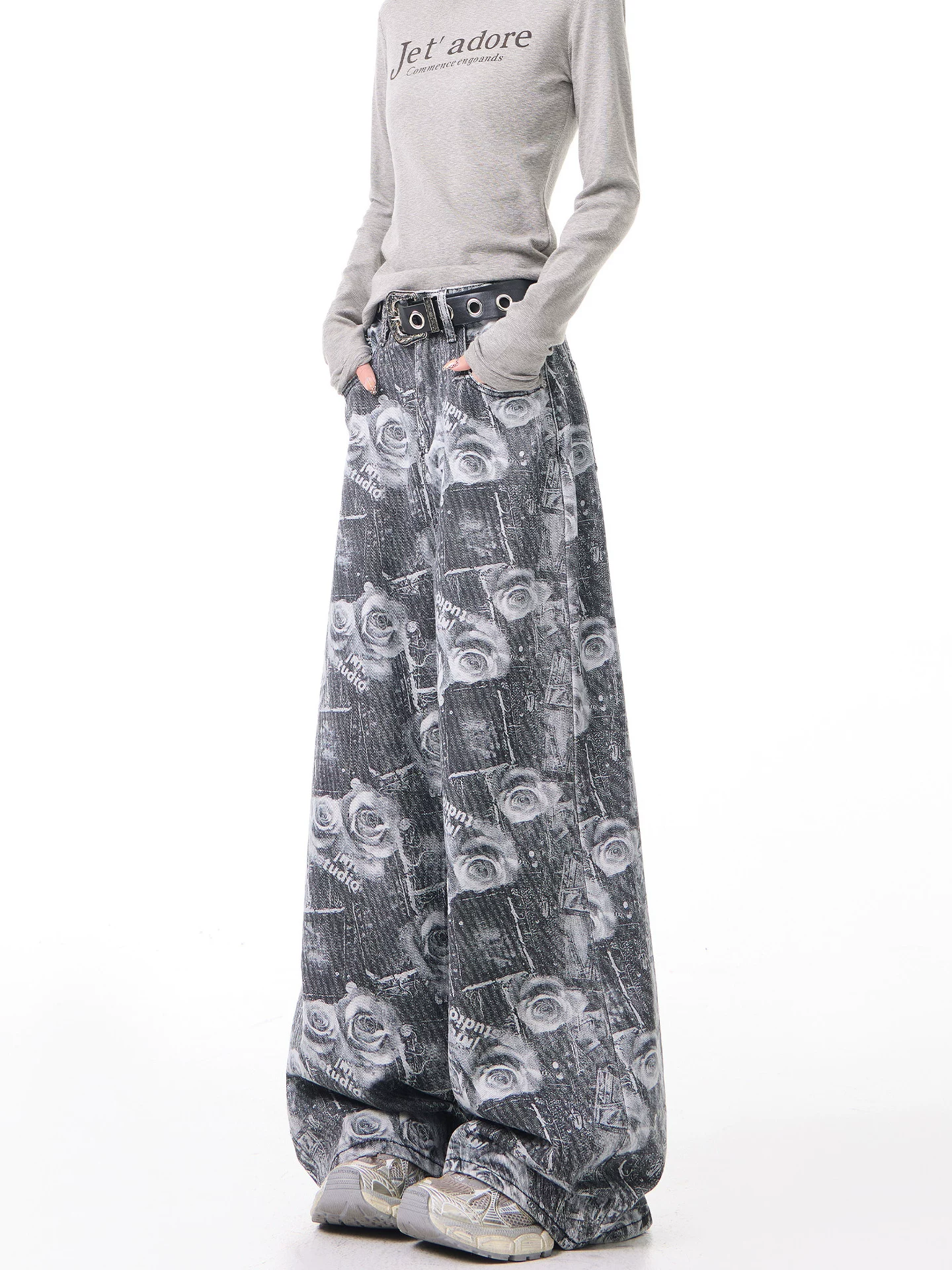 KEN STUDIO thiết kế cổ điển quần jean in hoa hồng dành cho nữ mùa xuân thu quần ống rộng lưng cao mới