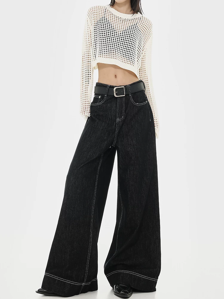 KEN STUDIO Xuân Thu Mới Phong Cách Retro Mỹ Thiết Kế Đường May Đen Quần Jean Ống Thẳng Quần Ống Rộng Cao Cho Nữ