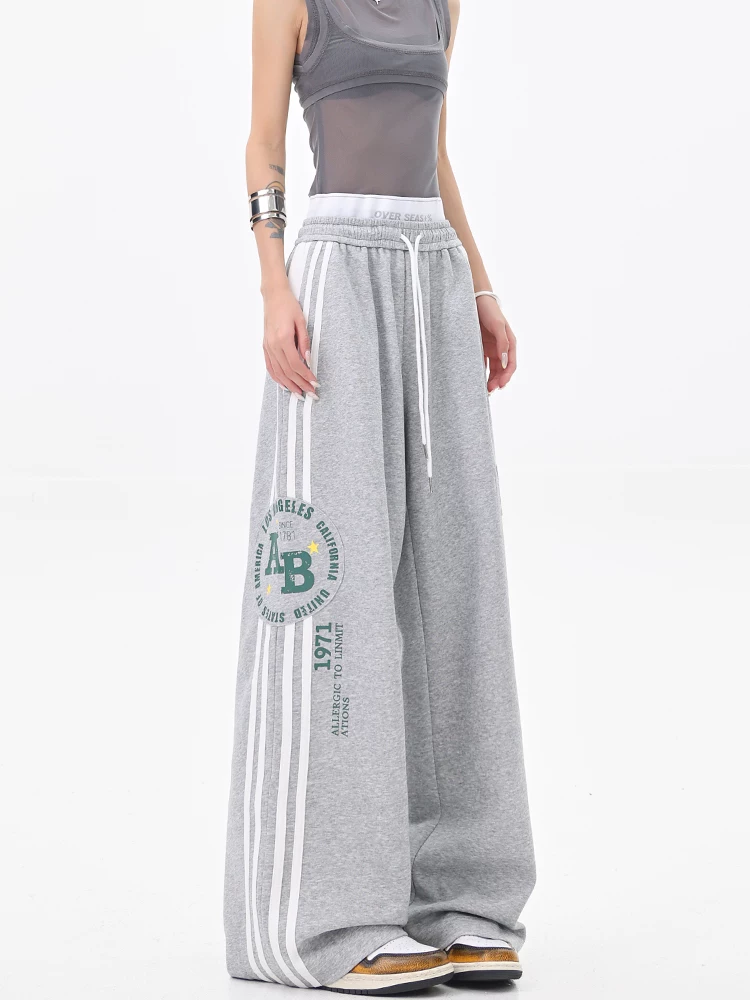 KEN STUDIO Quần thể thao in chữ phong cách retro kiểu Mỹ dành cho nữ quần thể thao ống rộng dáng rộng đa năng