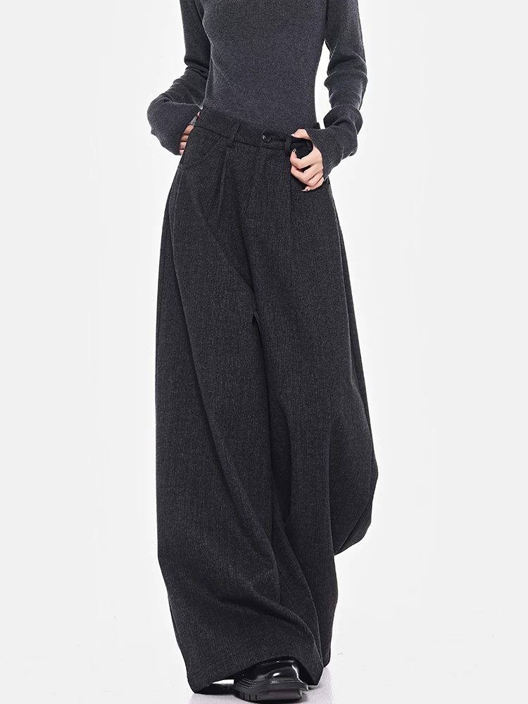 KEN STUDIO quần âu ống rộng màu xám dày dặn thu đông dành cho nữ, ống thẳng, mềm mại, rộng rãi, tôn dáng, quần dài chạm sàn