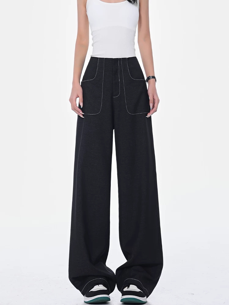 KEN STUDIO Xuân Thu Quần tây ống rộng màu đen mới dành cho nữ có thiết kế đường khâu, lưng cao, xếp nếp, quần ống rộng giảm béo