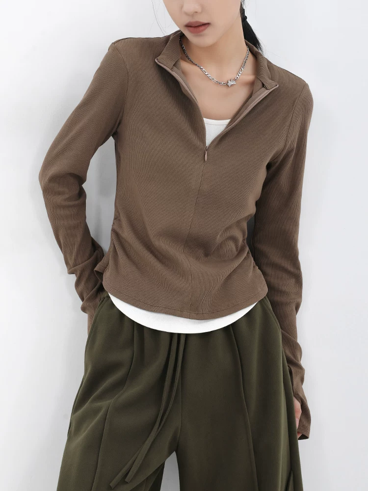 KEN STUDIO Áo thun dài tay dáng ôm màu cà phê mới mùa xuân thu dành cho nữ, áo sơ mi thiết kế dây kéo giả hai mảnh