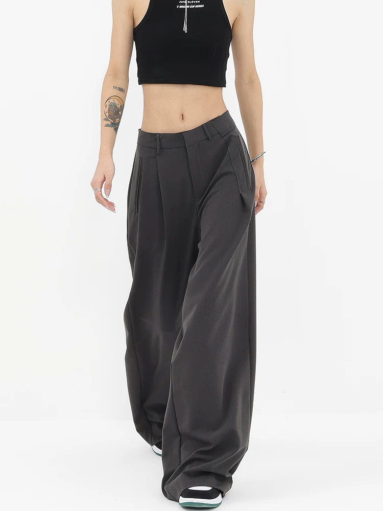 Quần tây ống đứng màu đen của KEN STUDIO dành cho nữ, quần ống rộng dáng rộng mùa xuân thu mới, quần tây dáng rộng