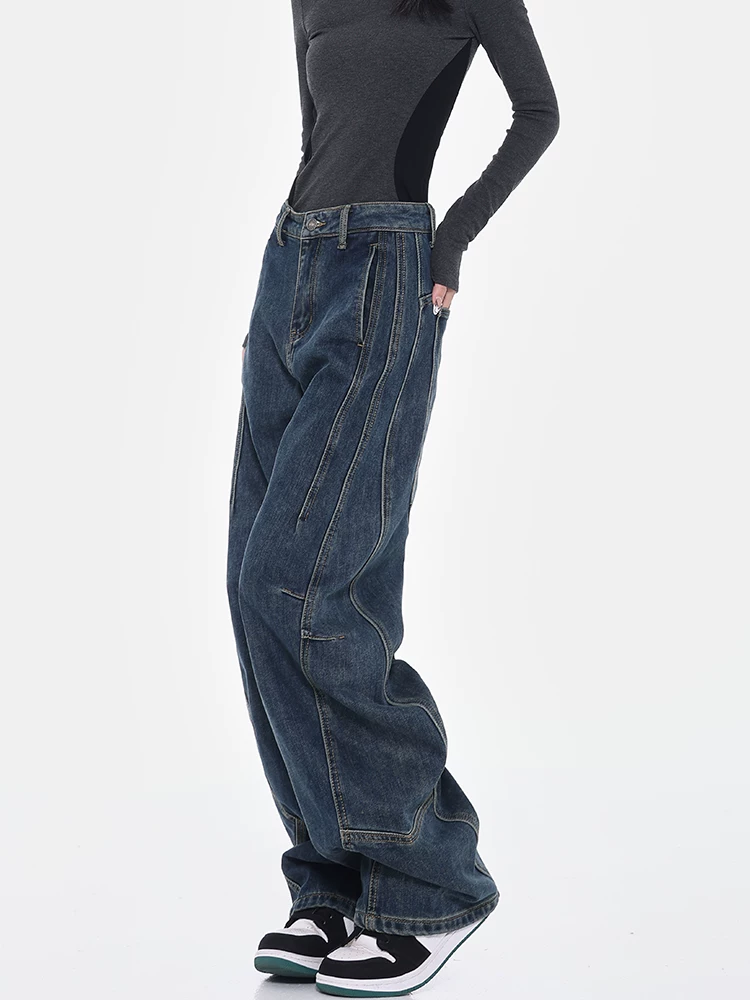 KEN STUDIO quần jean thiết kế đường phố cao cấp lót lông cừu mùa thu đông dành cho nữ, quần chuối ống rộng, quần hình liềm