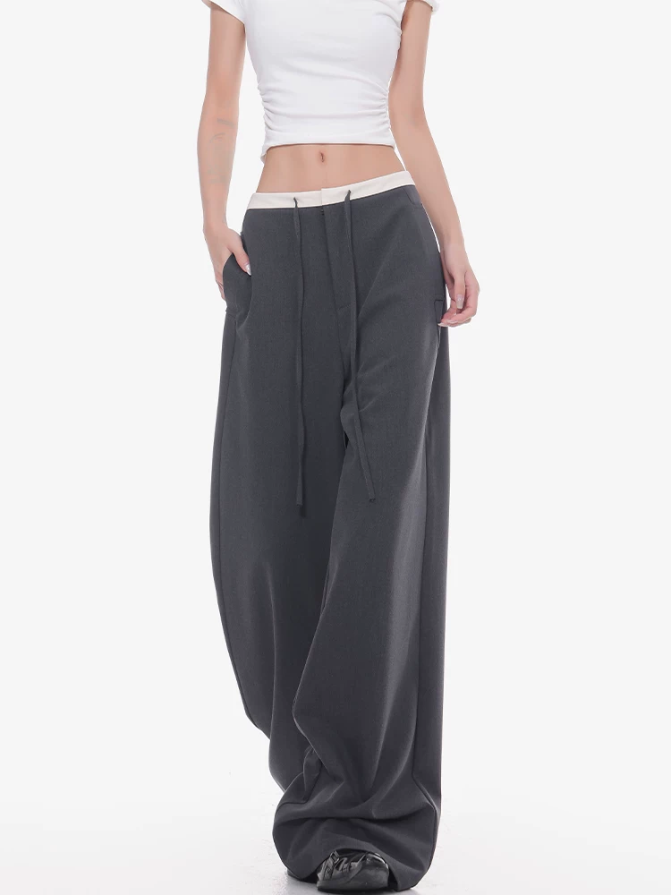 KEN STUDIO phong cách mùa hè mới quần âu ống rộng có dây rút màu xám dành cho nữ với thiết kế phối màu quần ống rộng dáng thẳng