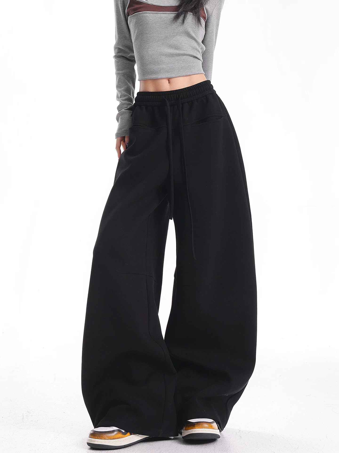 KEN STUDIO quần thể thao ống rộng màu đen dày dặn mới dành cho mùa thu đông dành cho nữ có dây rút, dáng rộng, quần thường ngày giúp thon gọn.