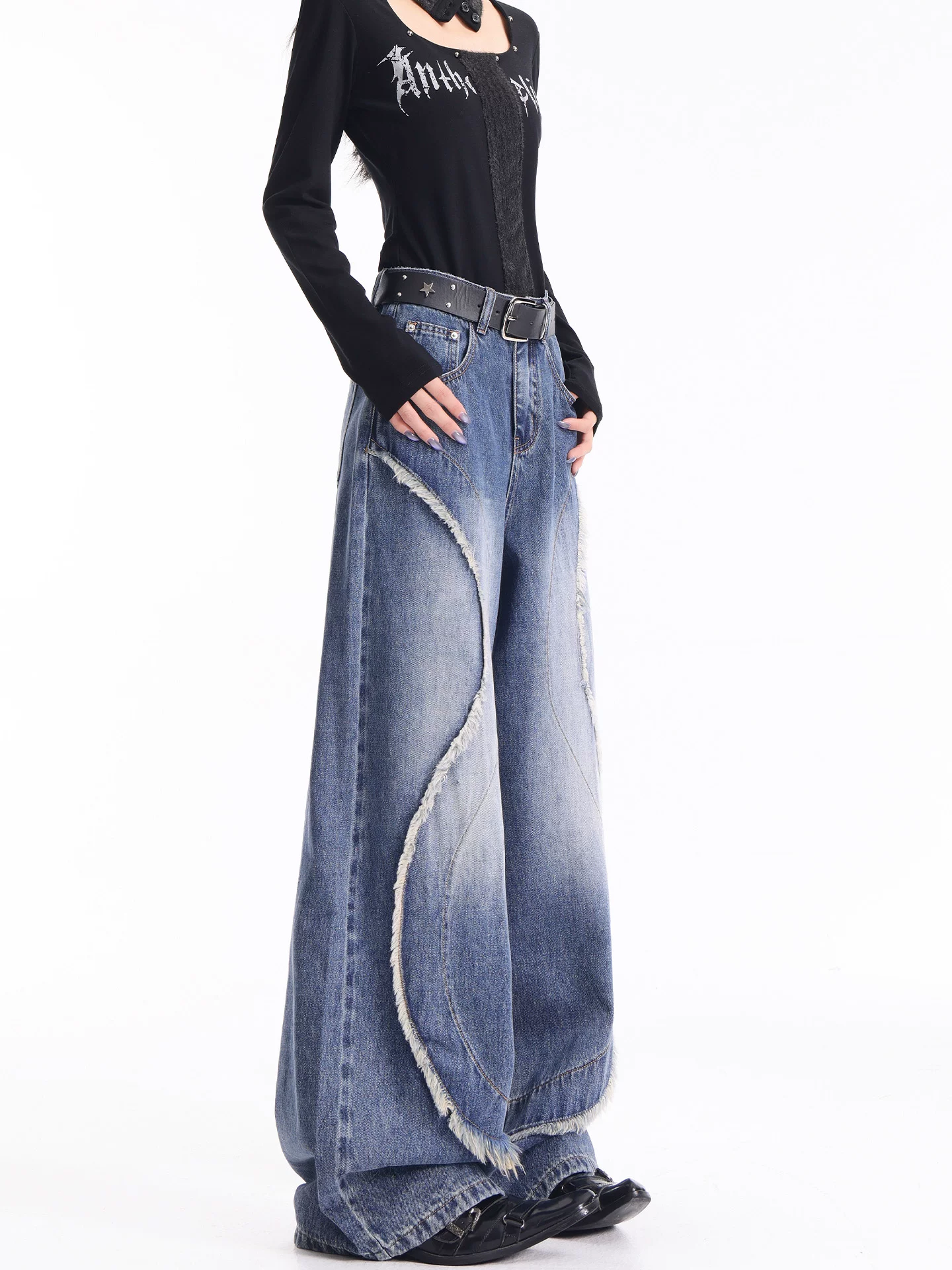 KEN STUDIO quần jean chắp vá viền tua rua cổ điển mới mùa thu đông dành cho nữ, quần cạp cao, dáng rộng, dáng suông, quần ống rộng, dài đến sàn